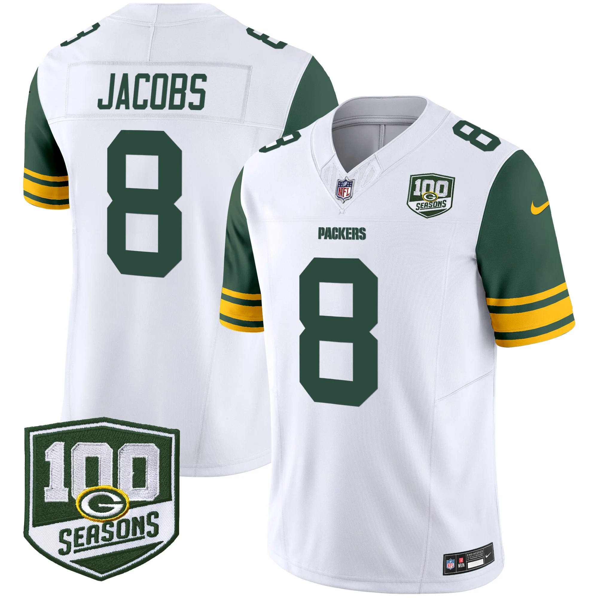 Mens Green Bay Packers Throwback 100Th Season Patch Vapor Limited Jersey Josh Jacobs Jersey White