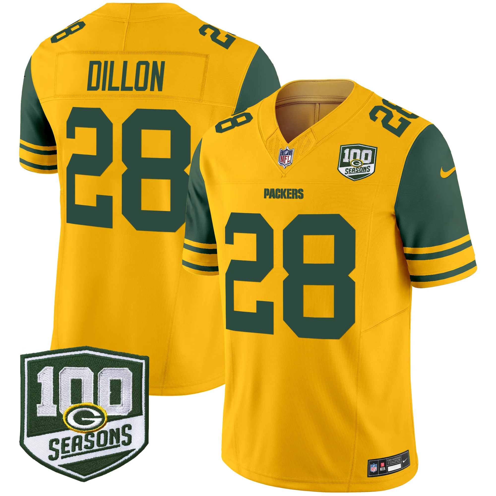 Mens Green Bay Packers Throwback 100Th Season Patch Vapor Limited Jersey AJ Dillon Jersey Gold