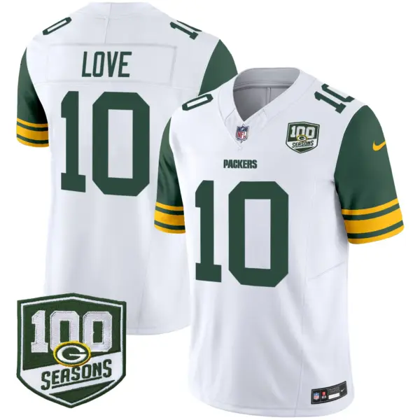 Mens Green Bay Packers Throwback 100Th Season Patch Vapor Limited Jersey Jordan Love Jersey White
