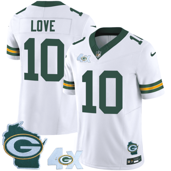 Mens Green Bay Packers 4X Champs Home Patch Vapor Jersey Jordan Love Jersey White