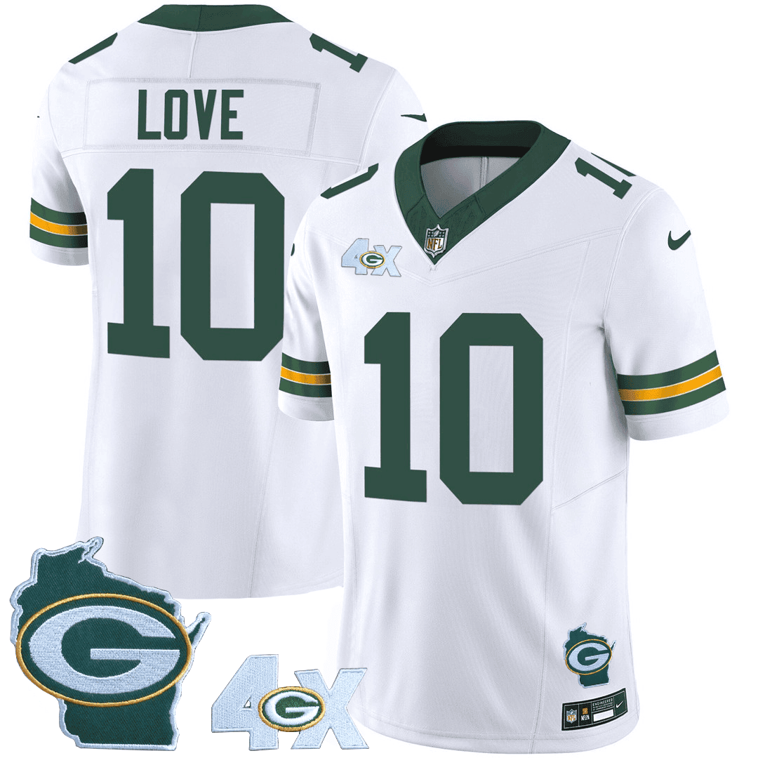 Mens Green Bay Packers 4X Champs Home Patch Vapor Jersey Jordan Love Jersey White