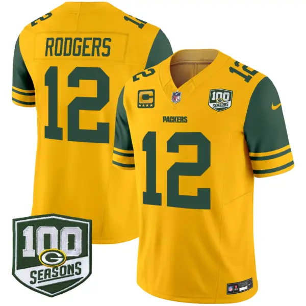 Mens Green Bay Packers Throwback 100Th Season Patch Vapor Limited Jersey Aaron Rodgers Jersey Gold