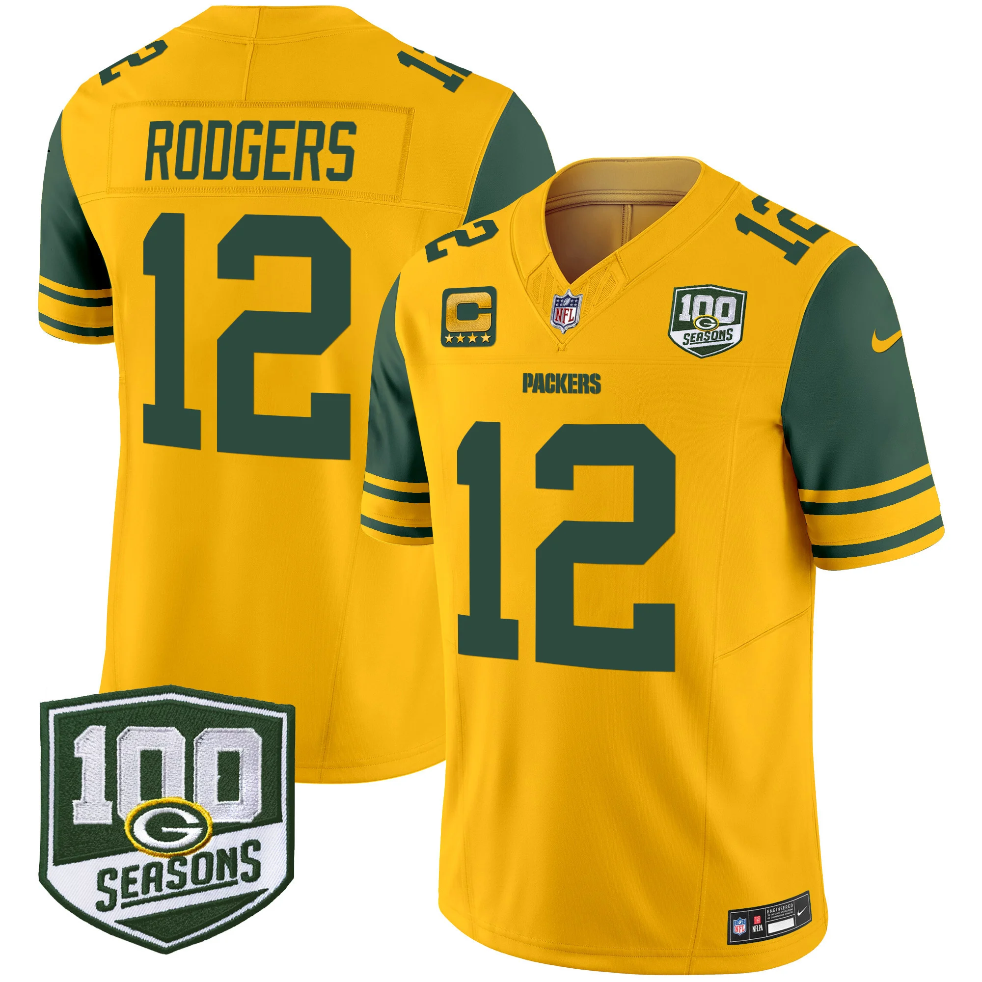 Mens Green Bay Packers Throwback 100Th Season Patch Vapor Limited Jersey Aaron Rodgers Jersey Gold