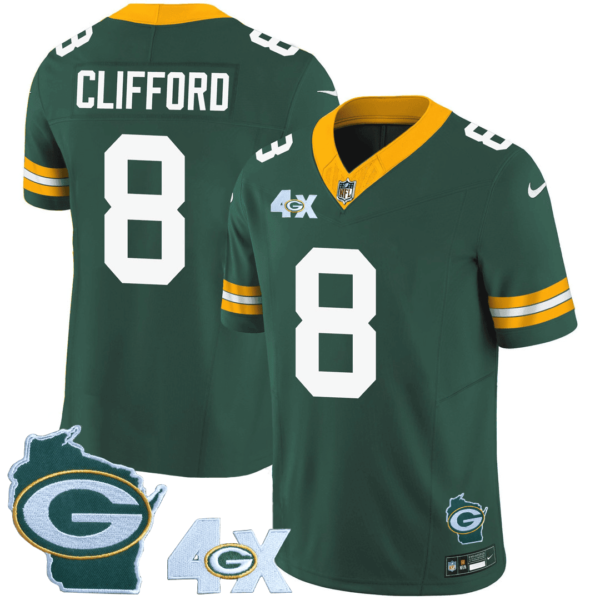 Mens Green Bay Packers 4X Champs Home Patch Vapor Jersey Sean Clifford Jersey Green