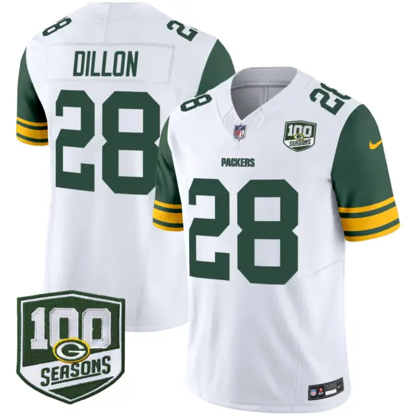 Mens Green Bay Packers Throwback 100Th Season Patch Vapor Limited Jersey AJ Dillon Jersey White