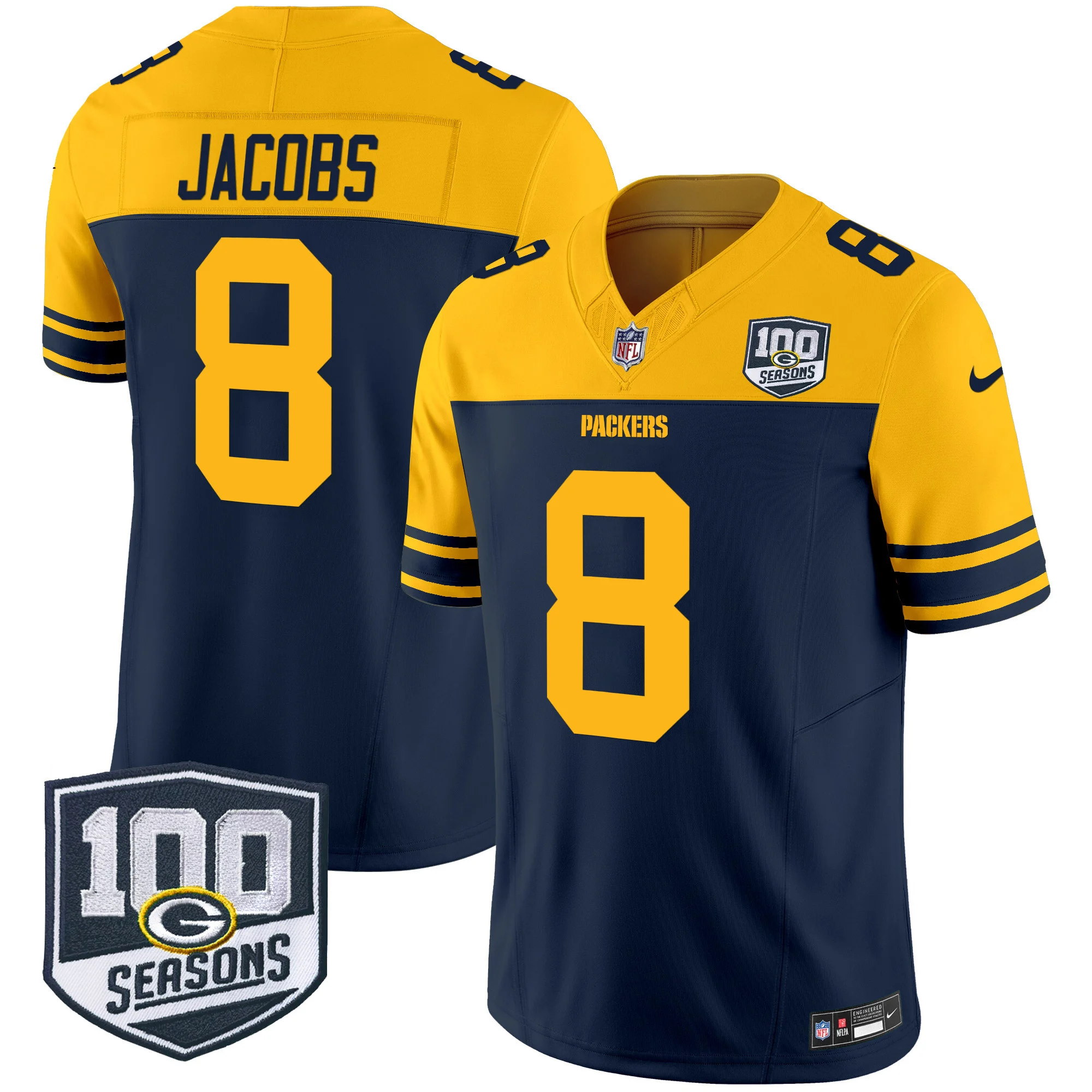 Mens Green Bay Packers Throwback 100Th Season Patch Vapor Limited Jersey Josh Jacobs Jersey Navy