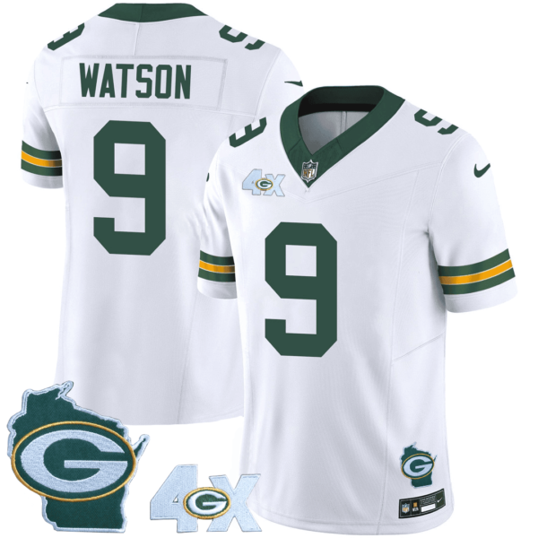 Mens Green Bay Packers 4X Champs Home Patch Vapor Jersey Christian Watson Jersey White