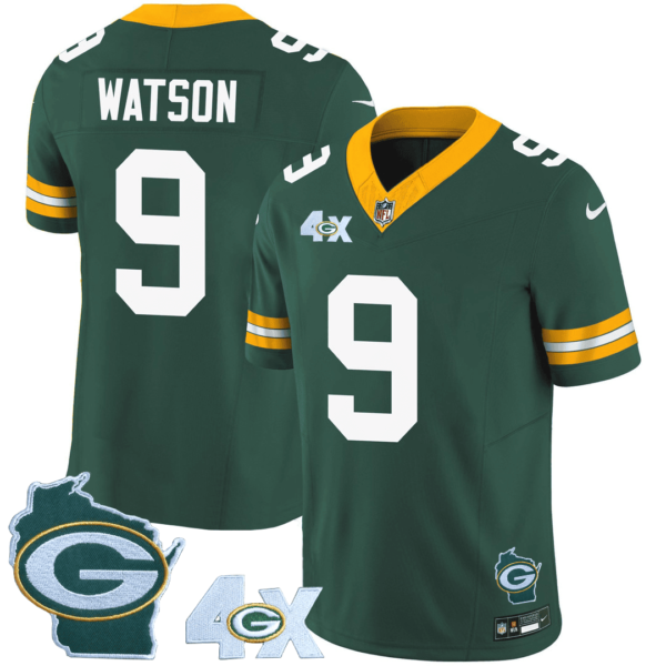 Mens Green Bay Packers 4X Champs Home Patch Vapor Jersey Christian Watson Jersey Green