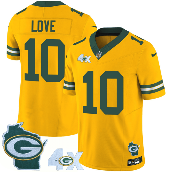 Mens Green Bay Packers 4X Champs Home Patch Vapor Jersey Jordan Love Jersey Gold