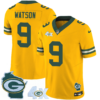 Mens Green Bay Packers 4X Champs Home Patch Vapor Jersey Christian Watson Jersey Gold