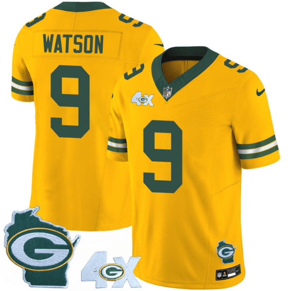 Mens Green Bay Packers 4X Champs Home Patch Vapor Jersey Christian Watson Jersey Gold