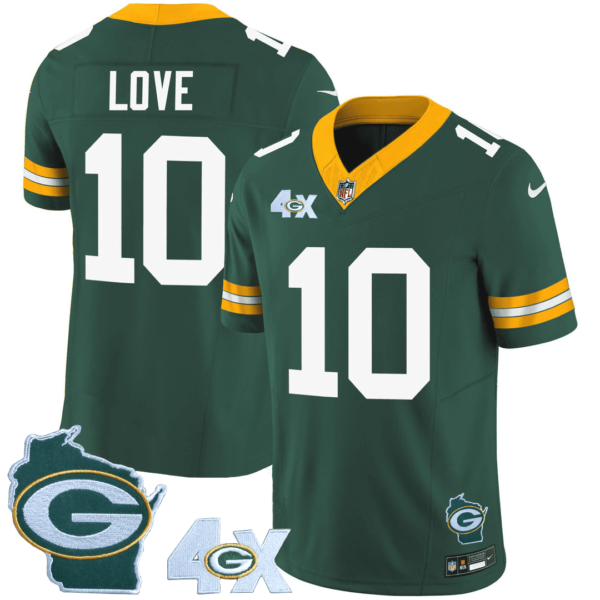 Mens Green Bay Packers 4X Champs Home Patch Vapor Jersey Jordan Love Jersey Green