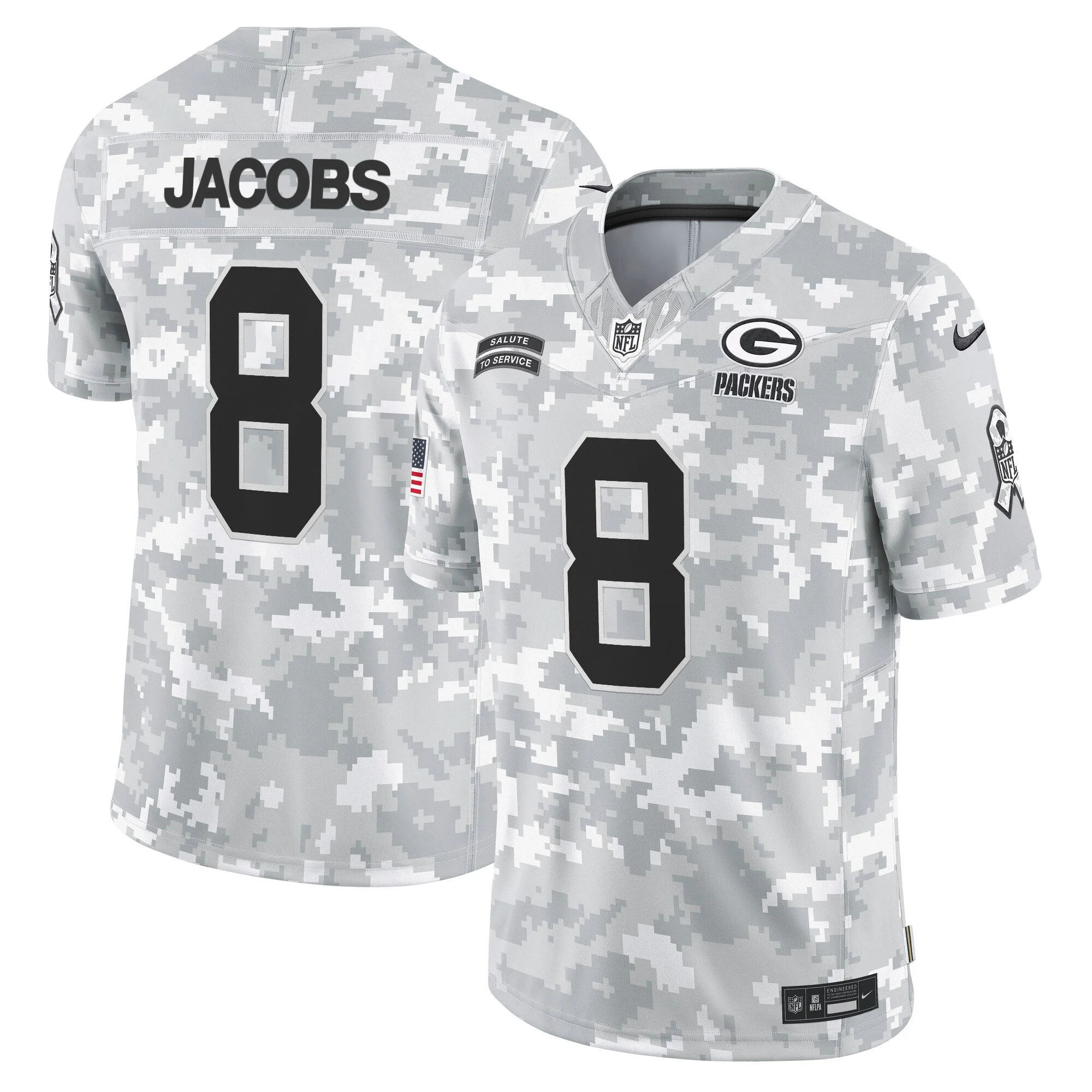 Mens Green Bay Packers 2024 Salute To Service Vapor Limited Jersey Josh Jacobs Jersey Arctic Camo