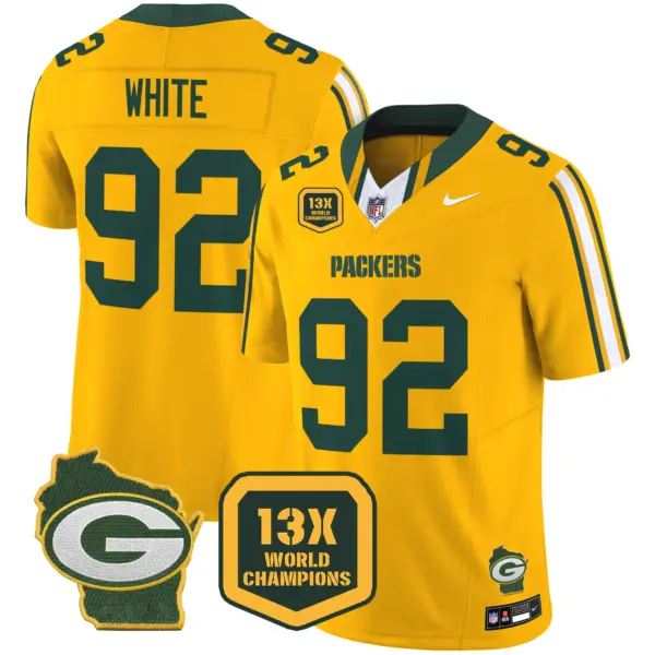 Mens Green Bay Packers 13 Time World Champions Home Patch Vapor Limited Jersey Reggie White Jersey Gold