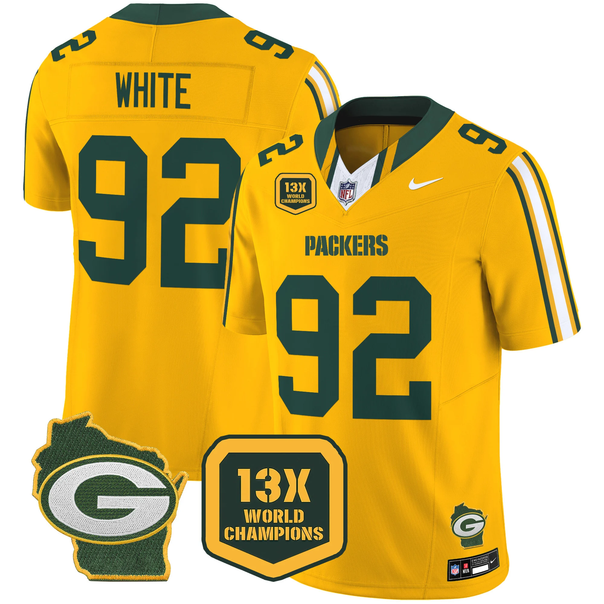 Mens Green Bay Packers 13 Time World Champions Home Patch Vapor Limited Jersey Reggie White Jersey Gold