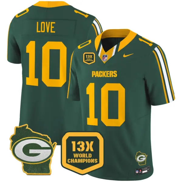 Mens Green Bay Packers 13 Time World Champions Home Patch Vapor Limited Jersey Jordan Love Jersey Green