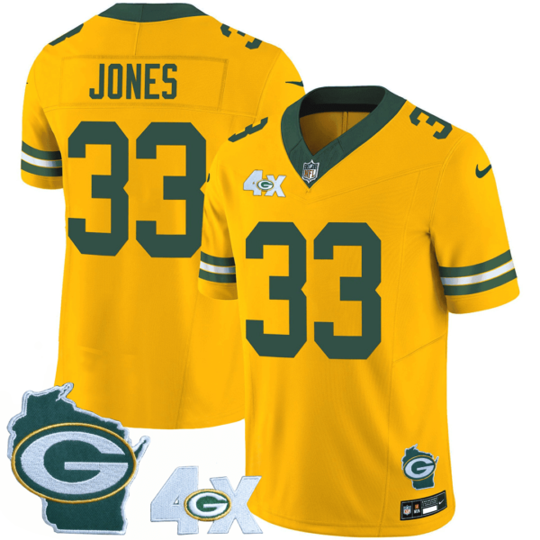 Mens Green Bay Packers 4X Champs Home Patch Vapor Jersey Aaron Jones Jersey Gold