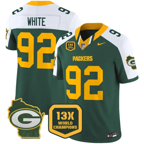 Mens Green Bay Packers 13 Time World Champions Home Patch Vapor Limited Jersey Reggie White Jersey Alternate