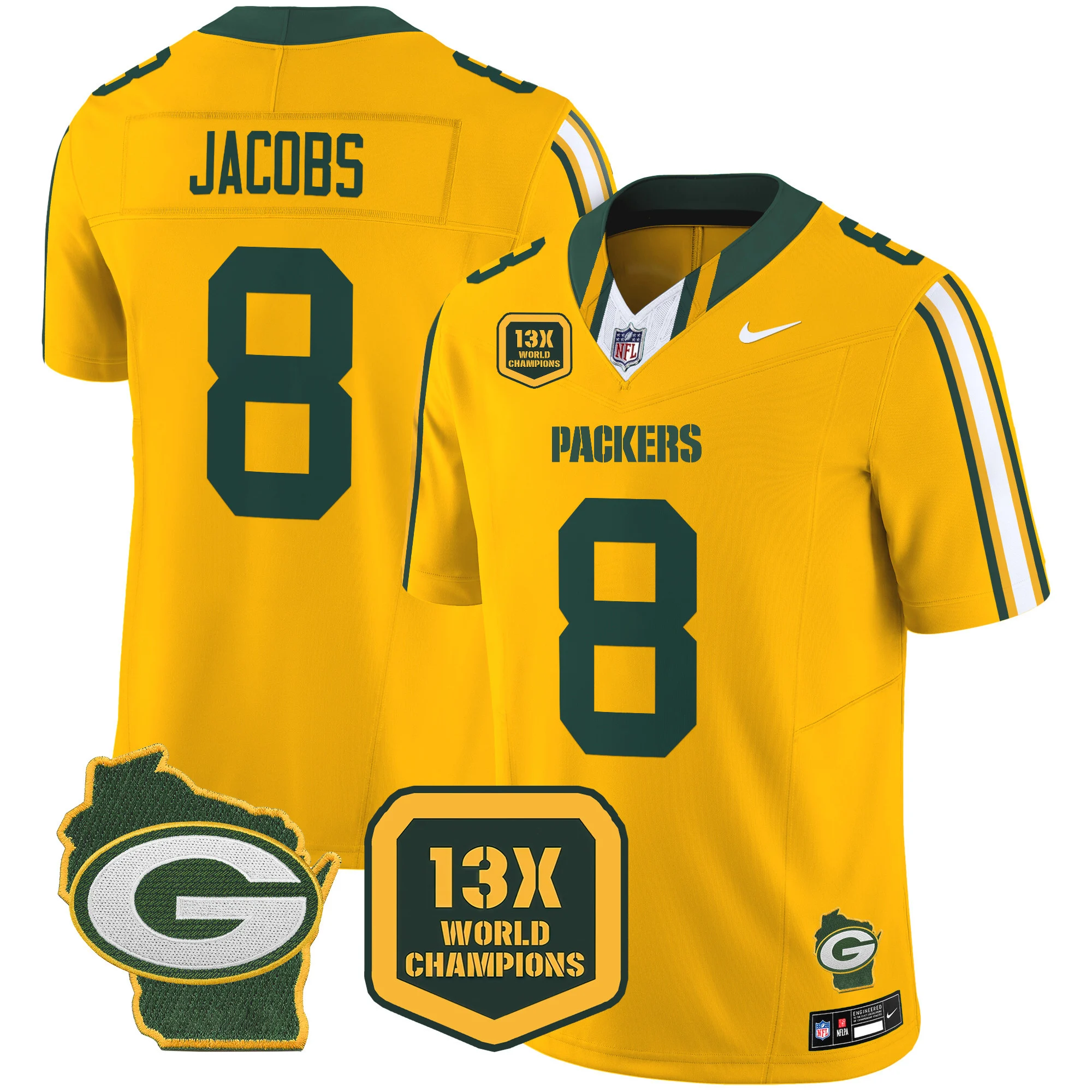 Mens Green Bay Packers 13 Time World Champions Home Patch Vapor Limited Jersey Josh Jacobs Jersey Gold