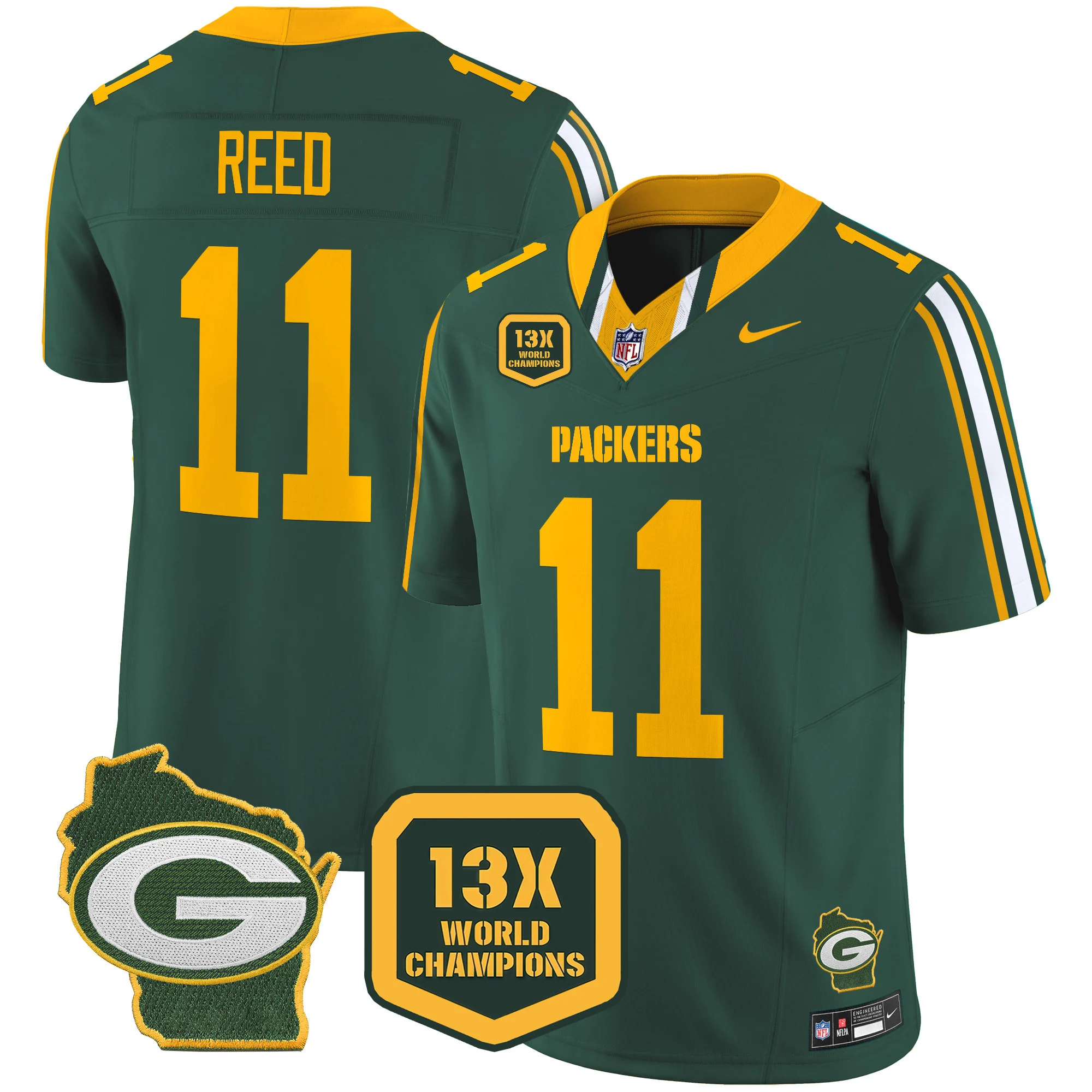 Mens Green Bay Packers 13 Time World Champions Home Patch Vapor Limited Jersey Jayden Reed Jersey Green
