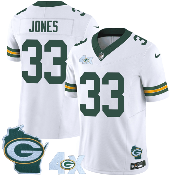Mens Green Bay Packers 4X Champs Home Patch Vapor Jersey Aaron Jones Jersey White
