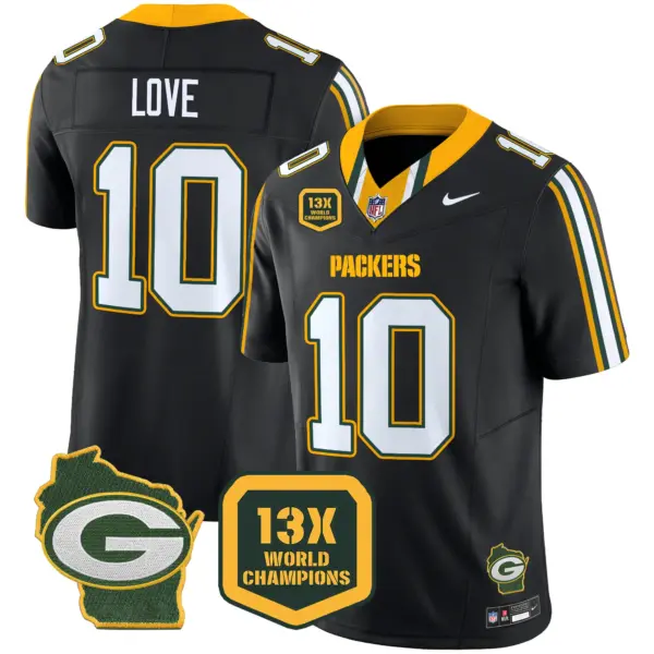 Mens Green Bay Packers 13 Time World Champions Home Patch Vapor Limited Jersey Jordan Love Jersey Black