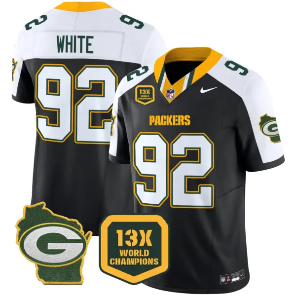 Mens Green Bay Packers 13 Time World Champions Home Patch Vapor Limited Jersey Reggie White Jersey Black Alternate