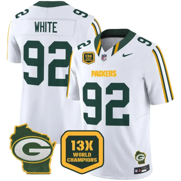 Mens Green Bay Packers 13 Time World Champions Home Patch Vapor Limited Jersey Reggie White Jersey White