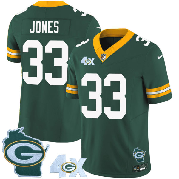 Mens Green Bay Packers 4X Champs Home Patch Vapor Jersey Aaron Jones Jersey Green