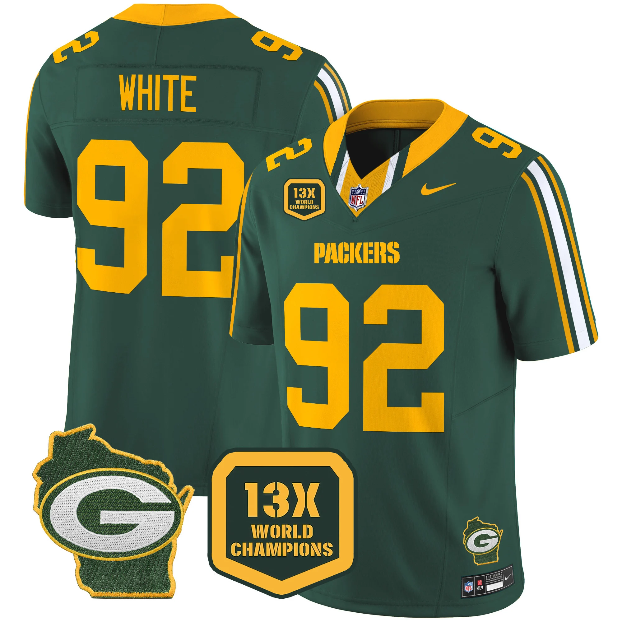 Mens Green Bay Packers 13 Time World Champions Home Patch Vapor Limited Jersey Reggie White Jersey Green