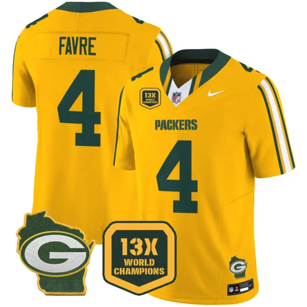 Mens Green Bay Packers 13 Time World Champions Home Patch Vapor Limited Jersey Brett Favre Jersey Gold
