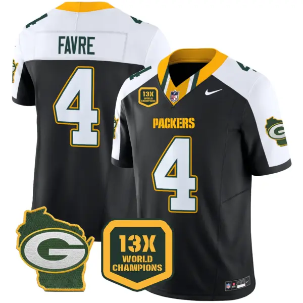 Mens Green Bay Packers 13 Time World Champions Home Patch Vapor Limited Jersey Brett Favre Jersey Black Alternate