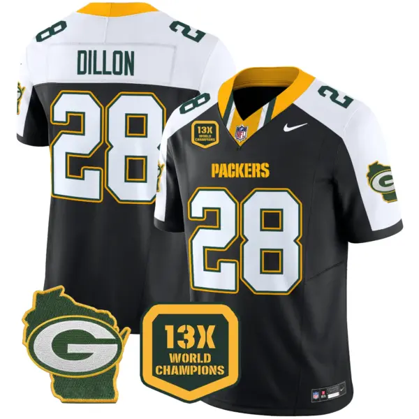 Mens Green Bay Packers 13 Time World Champions Home Patch Vapor Limited Jersey AJ Dilon Jersey Black Alternate