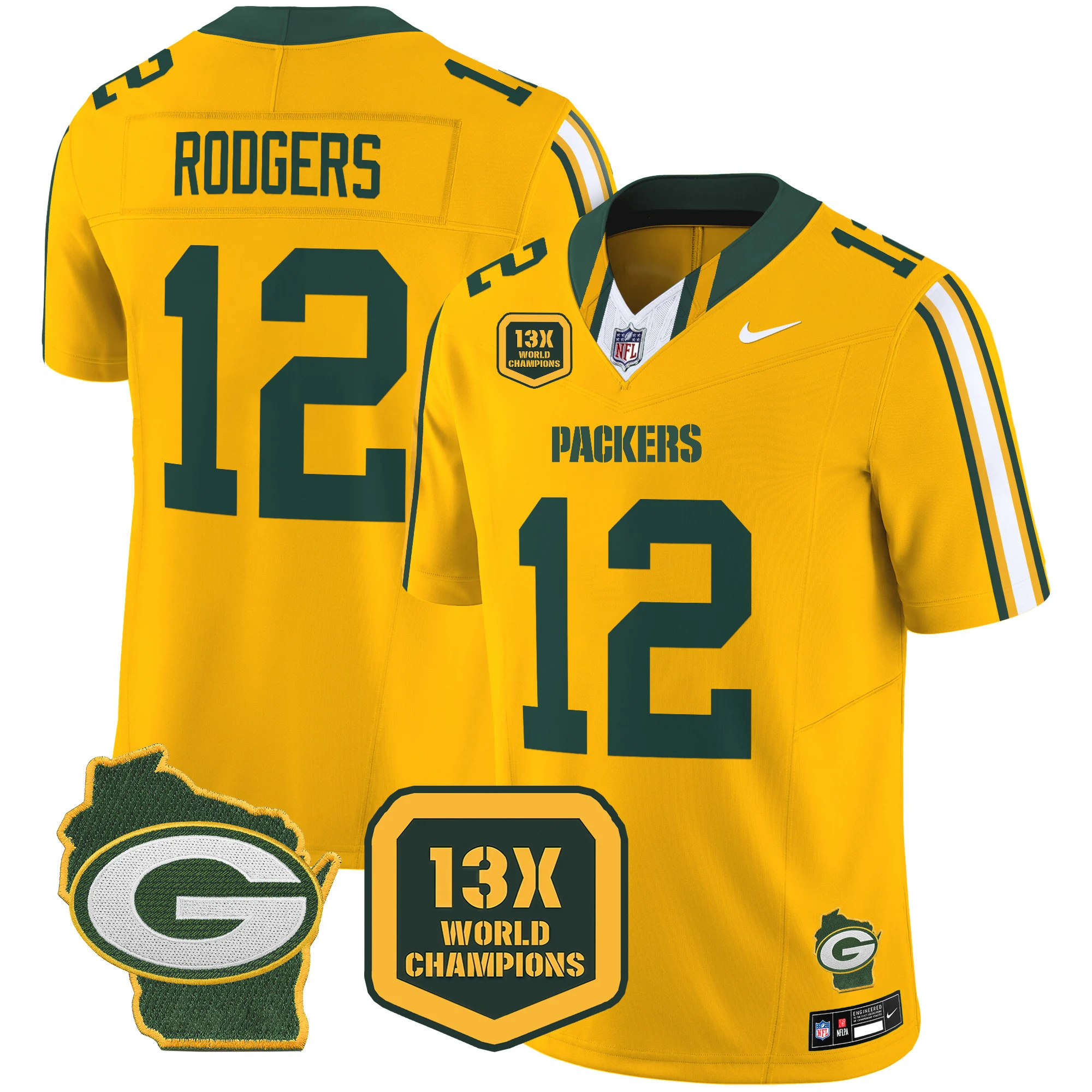 Mens Green Bay Packers 13 Time World Champions Home Patch Vapor Limited Jersey Aaron Rodgers Jersey Gold
