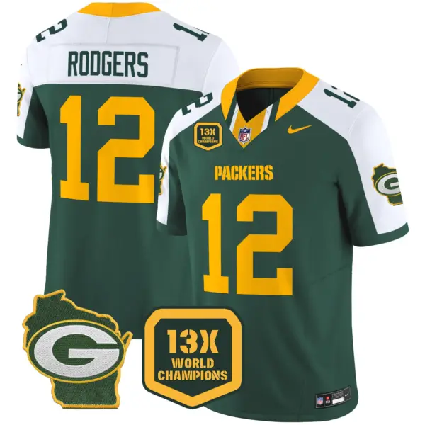 Mens Green Bay Packers 13 Time World Champions Home Patch Vapor Limited Jersey Aaron Rodgers Jersey Alternate