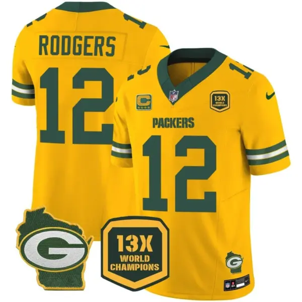 Mens Green Bay Packers 13 Time World Champions Home Patch Vapor Jersey Aaron Rodgers Jersey Gold