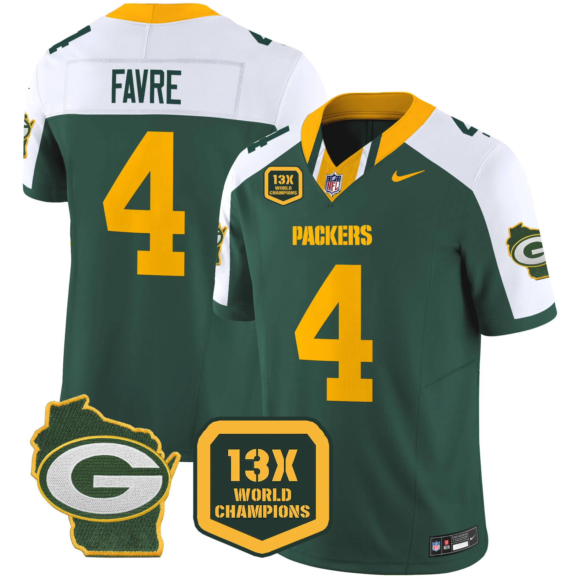 Mens Green Bay Packers 13 Time World Champions Home Patch Vapor Limited Jersey Brett Favre Jersey Alternate