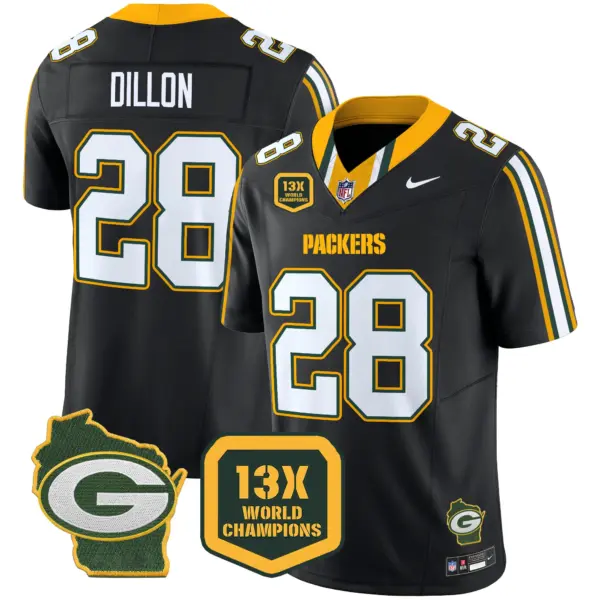 Mens Green Bay Packers 13 Time World Champions Home Patch Vapor Limited Jersey AJ Dilon Jersey Black