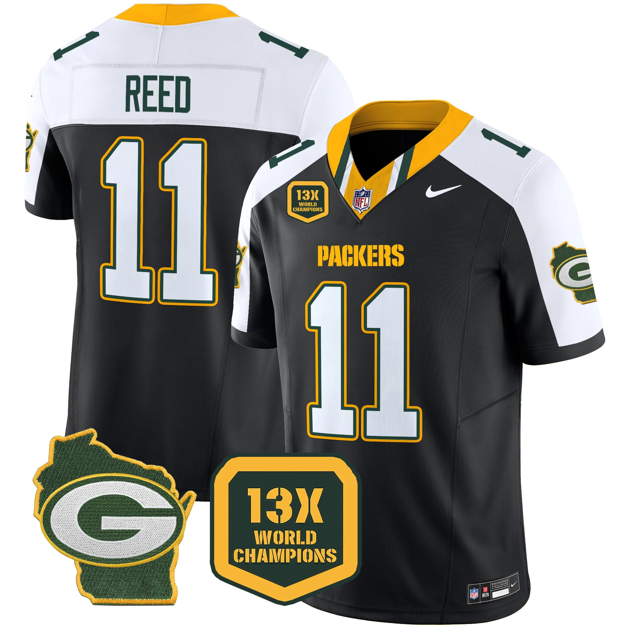 Mens Green Bay Packers 13 Time World Champions Home Patch Vapor Limited Jersey Jayden Reed Jersey Black Alternate