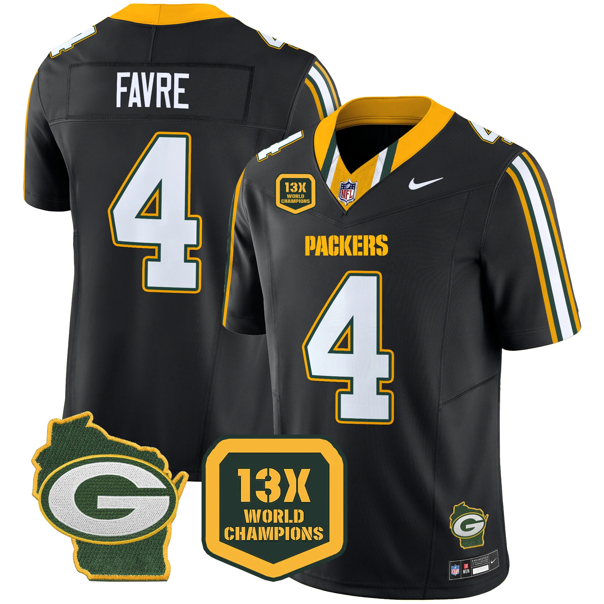 Mens Green Bay Packers 13 Time World Champions Home Patch Vapor Limited Jersey Brett Favre Jersey Black