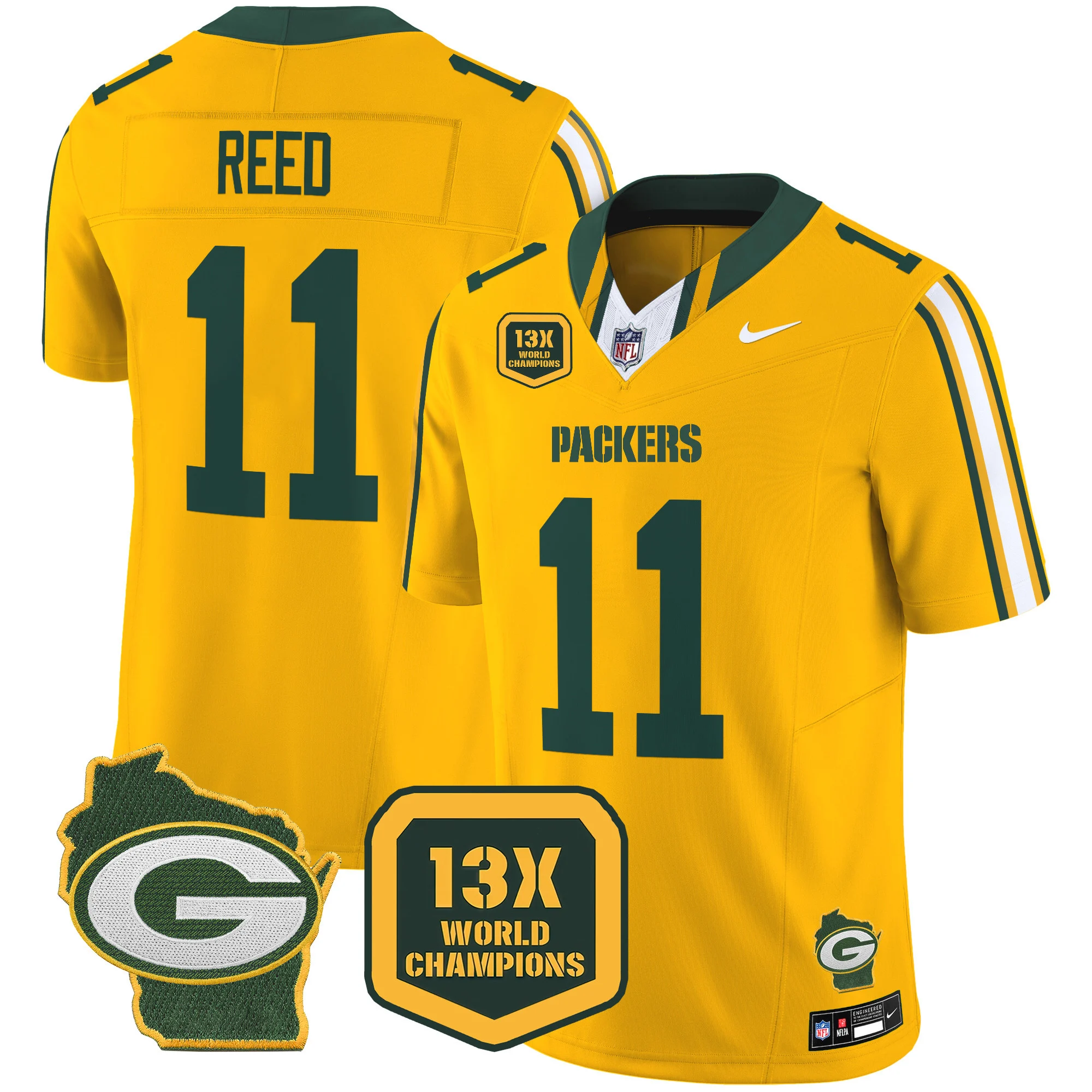 Mens Green Bay Packers 13 Time World Champions Home Patch Vapor Limited Jersey Jayden Reed Jersey Gold