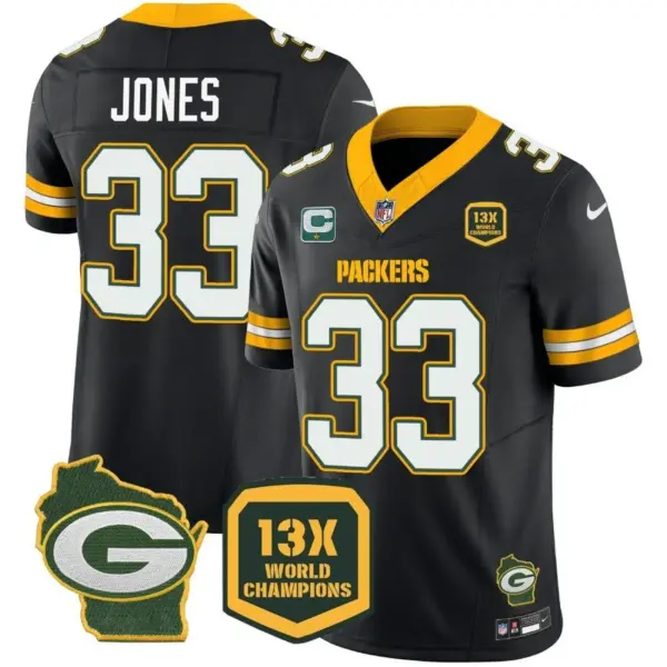Mens Green Bay Packers 13 Time World Champions Home Patch Vapor Jersey Aaron Jones Jersey Black