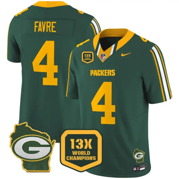 Mens Green Bay Packers 13 Time World Champions Home Patch Vapor Limited Jersey Brett Favre Jersey Green