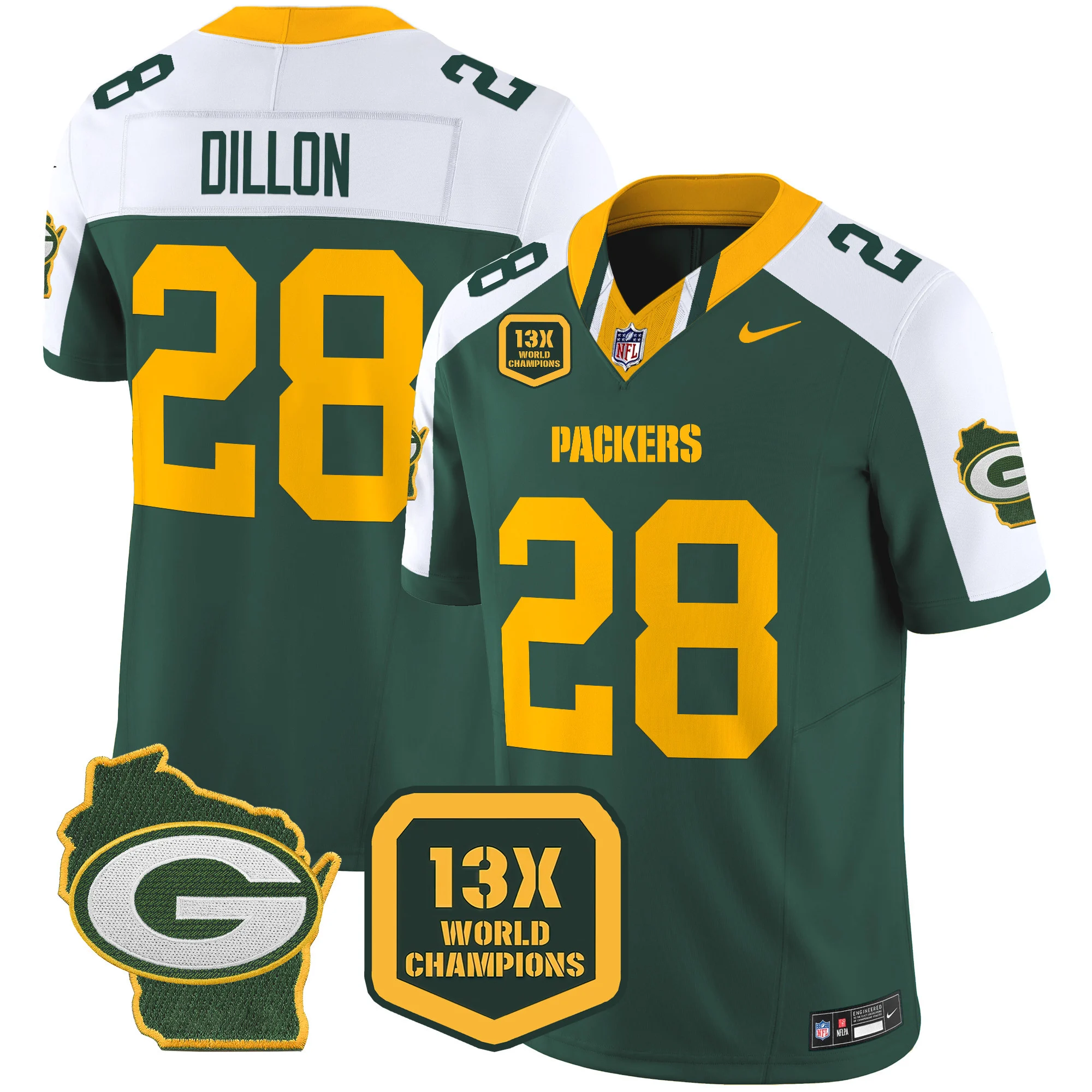 Mens Green Bay Packers 13 Time World Champions Home Patch Vapor Limited Jersey AJ Dilon Jersey Alternate