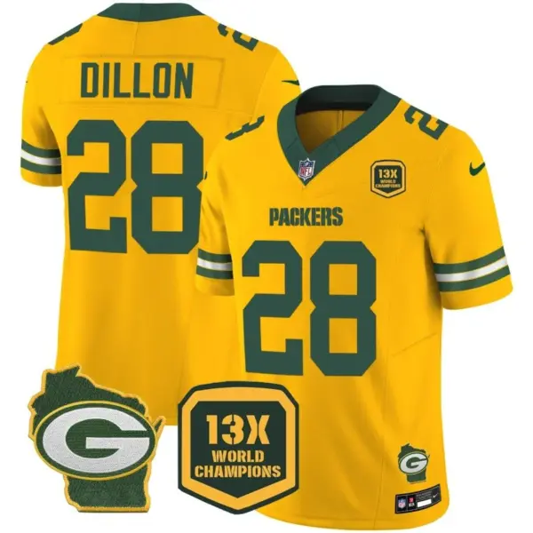 Mens Green Bay Packers 13 Time World Champions Home Patch Vapor Jersey AJ Dillons Jersey Gold