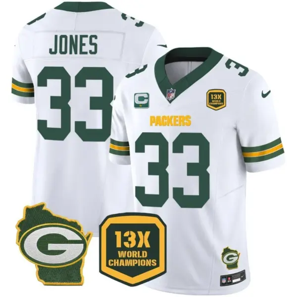 Mens Green Bay Packers 13 Time World Champions Home Patch Vapor Jersey Aaron Jones Jersey White