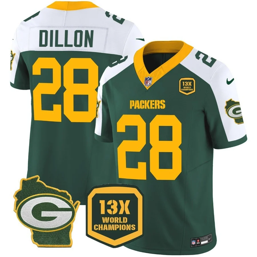 Mens Green Bay Packers 13 Time World Champions Home Patch Vapor Jersey AJ Dillons Jersey Black