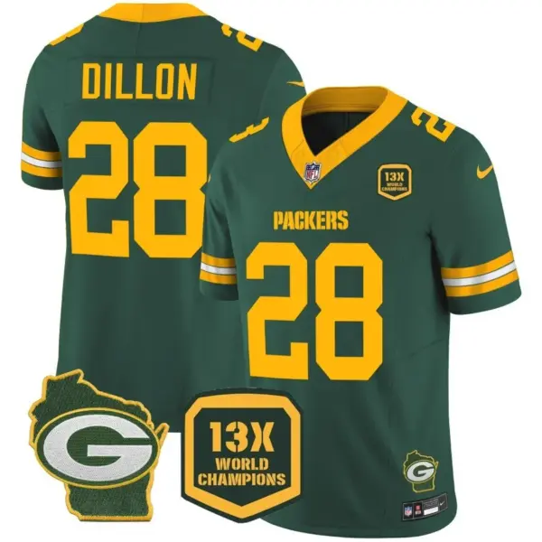 Mens Green Bay Packers 13 Time World Champions Home Patch Vapor Jersey AJ Dillons Jersey Green