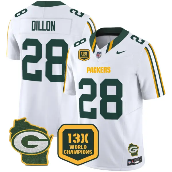 Mens Green Bay Packers 13 Time World Champions Home Patch Vapor Limited Jersey AJ Dilon Jersey White