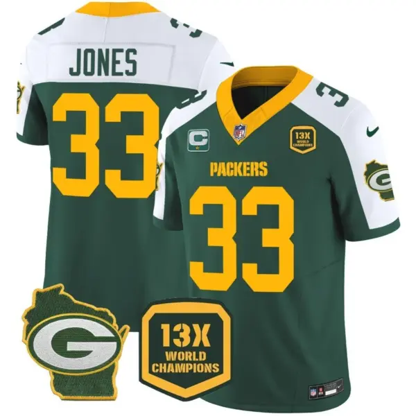 Mens Green Bay Packers 13 Time World Champions Home Patch Vapor Jersey Aaron Jones Jersey Alternate